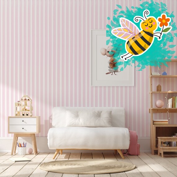 Light Pink Striped Wallpaper for Girls Room, Nursery Wall Art, Pink White Stripes Roll