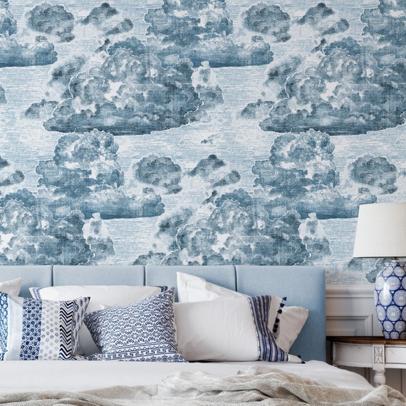 Hand-Engraved Blue and White Cloud Wallpaper - Ethereal Wall Decor with Artistic Flair and Handcrafted Charm, Vintage Style Cloud Wallpaper