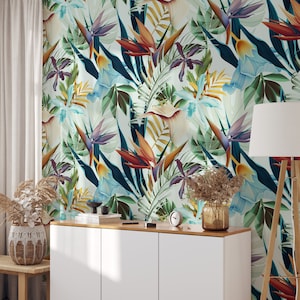 Bali Wallpaper with Tropical Print for Living Room Decor, Hawaiian flowers Colorful Floral Boho Wall Art