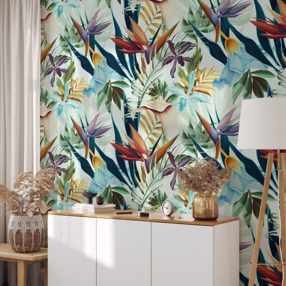 Bali Wallpaper with Tropical Print for Living Room Decor, Hawaiian flowers Colorful Floral Boho Wall Art