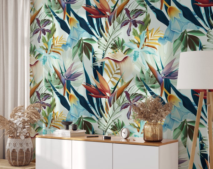 Bali Wallpaper with Tropical Print for Living Room Decor, Hawaiian flowers Colorful Floral Boho Wall Art