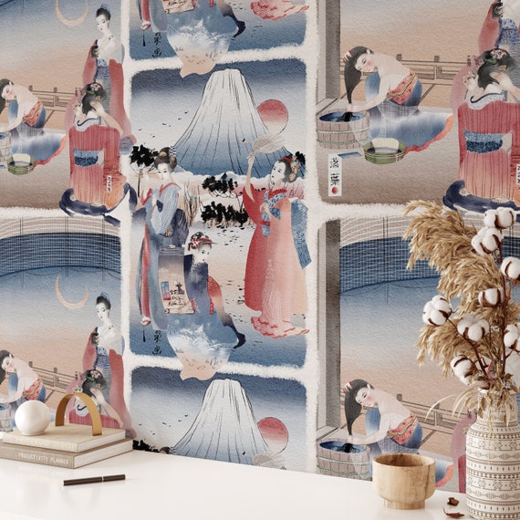 Japanese Geisha Wallpaper, Chinoiserie Panel Vintage Wall Decor, Japandi Decor Wall Art