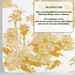 May include: A white background with a gold palm tree pattern. The text "MULTIPLE USES" is in a green box. The text below the box reads "Enjoy your beautiful decoration in your bedroom, living room or cabinets. Our wallpaper can be used on any surface such as walls, shelves and even to renovate old furniture."