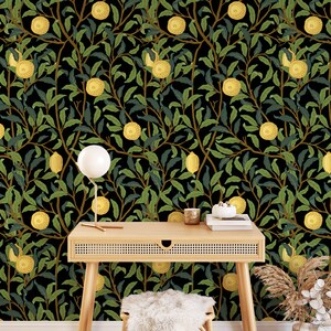 Carta da Parati per Cucina con Limoni e Foglie, Arte Murale Vittoriana del XVIII Secolo, Decorazione Murale Art Nouveau