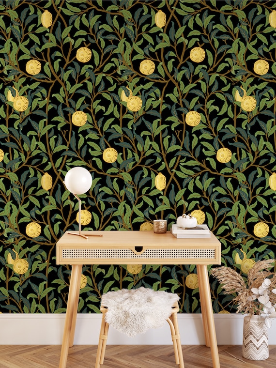 Lemons in foliage Kitchen Wallpaper, 18th Century Victorian Wall Art, Art Nouveau Wall Decore