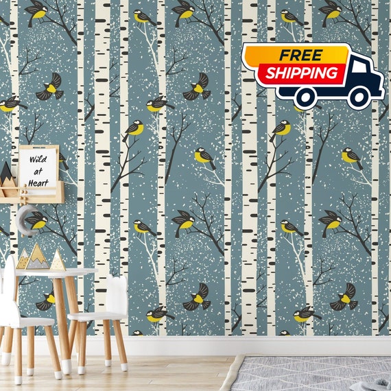 Woodland Birch Nursery Wallpaper, Birches Forest Children Wall Decor