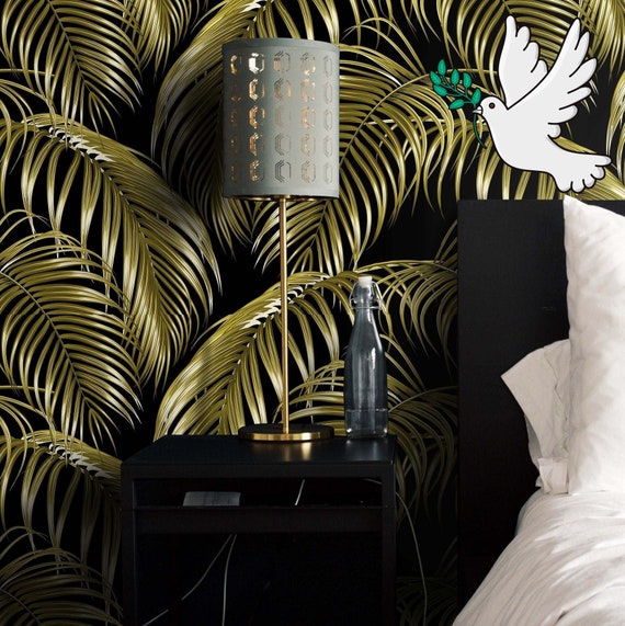 Black and Gold Tropical Leaves Wallpaper, Beach House Decor Jungle Wall Art