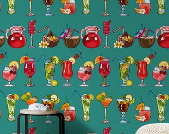 Cocktail Glasses Pop Art Wallpaper, Fluo Art for Modern Decor, Kitchen Wall art