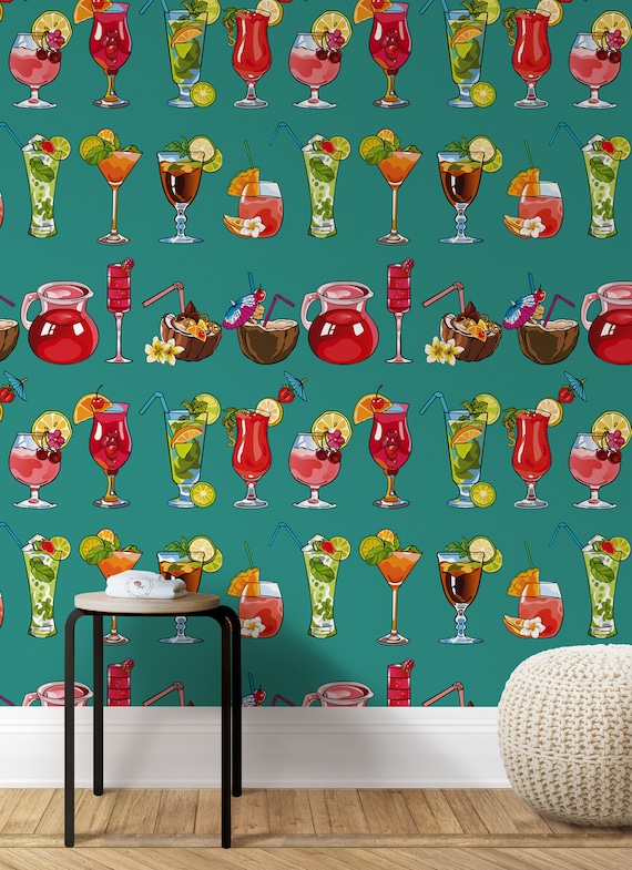 Cocktail Glasses Pop Art Wallpaper, Fluo Art for Modern Decor, Kitchen Wall art