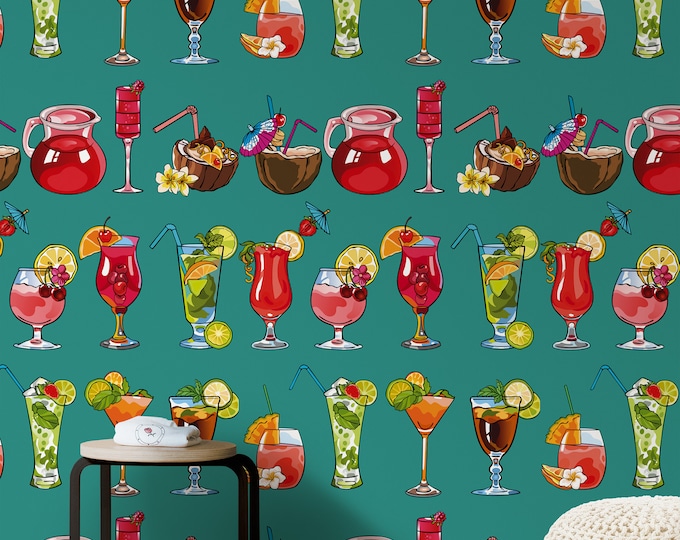 Cocktail Glasses Pop Art Wallpaper, Fluo Art for Modern Decor, Kitchen Wall art