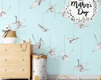 Origami Airplanes Nursery Wallpaper, Airplane Flying Playroom Wall Decor, Kids Mural with clouds, Boy Room Wall Art