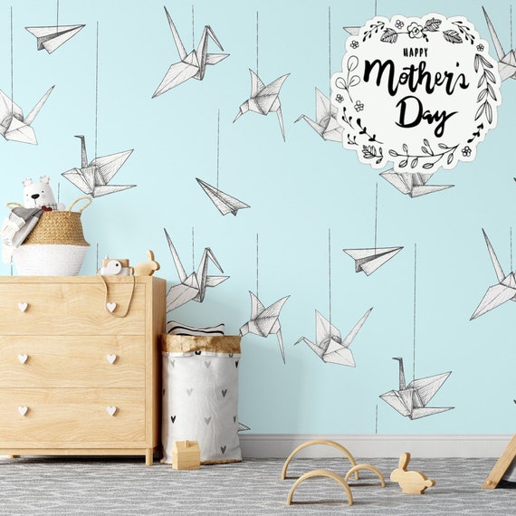 Origami Airplanes Nursery Wallpaper, Airplane Flying Playroom Wall Decor, Kids Mural with clouds, Boy Room Wall Art