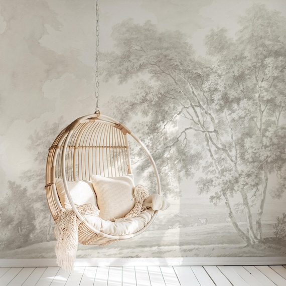 Cream Sepia Countryside Wallpaper | Monochrome Pastoral Landscape Mural | Timeless Wall Art | Eco-Friendly & Removable