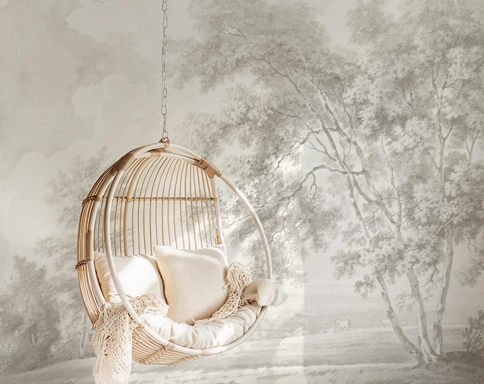 Cream Sepia Countryside Wallpaper | Monochrome Pastoral Landscape Mural | Timeless Wall Art | Eco-Friendly & Removable