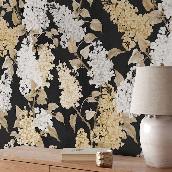 Elegant Wisteria Wallpaper - Yellow and White Blooms on a Black Background