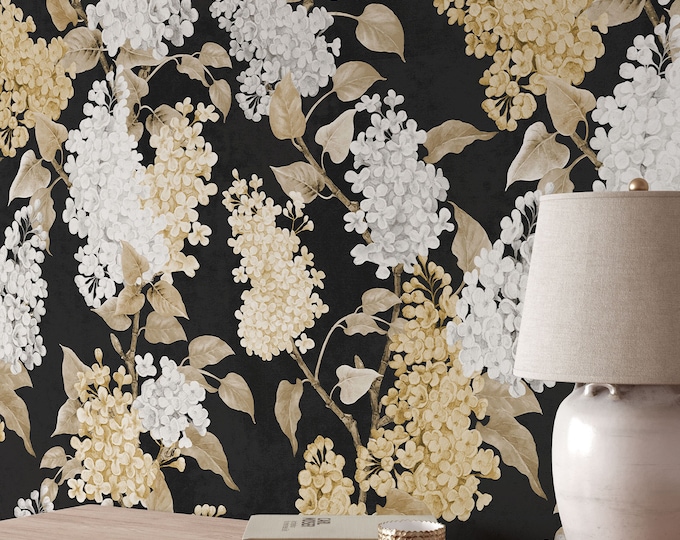 Elegant Wisteria Wallpaper - Yellow and White Blooms on a Black Background