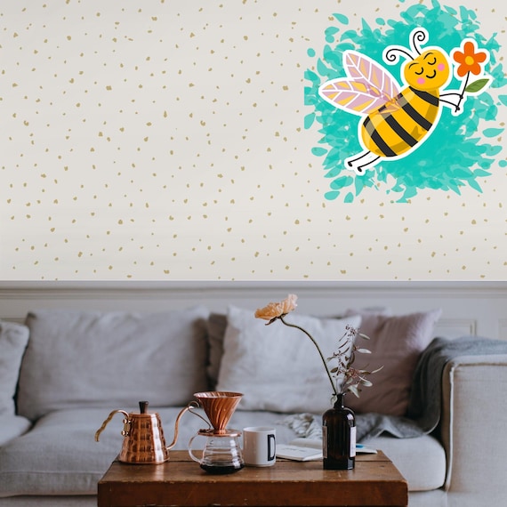 Gold Polka Dots Simple Wallpaper for Girls Room Decor, Minimalist Pattern for Neutral Nursery Golden Wall Art