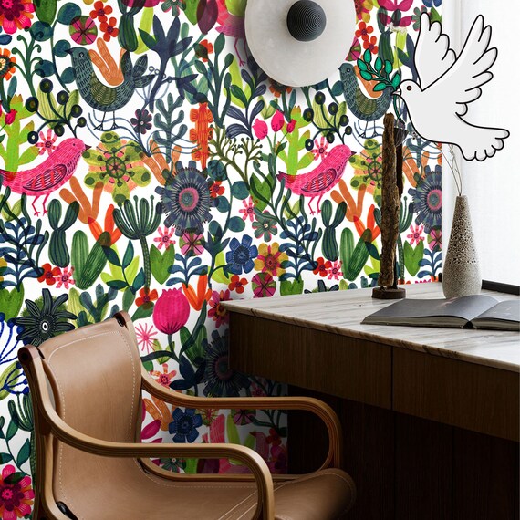 Vibrant Botanical & Bird Wallpaper, Add a Touch of Scandinavian Charm to Your Home with Our Bright and Colorful Bucolic Wallpaper