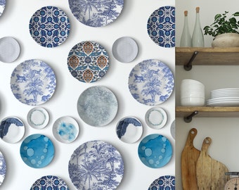 Vintage English Painted Plates Kitchen Wallpaper, Country Cottage Farmhouse Wall Decor with Moroccan Plate