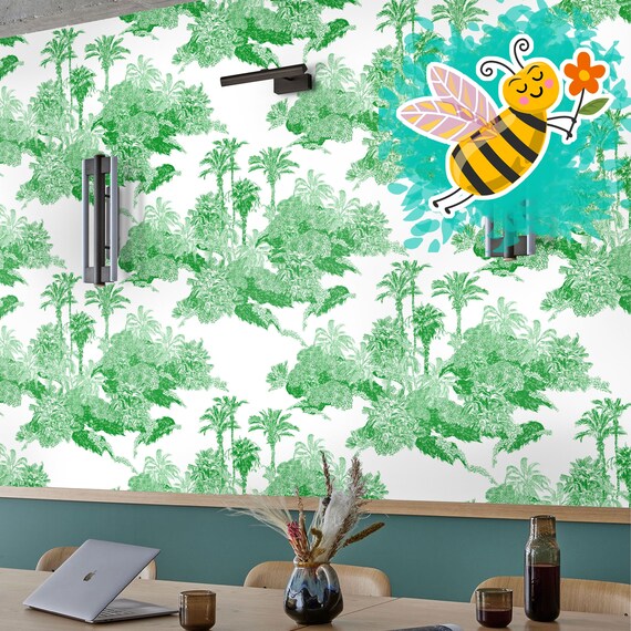 Tropical Landscape Toile wallpaper in Green and White,  Palm Tree Modern Beach House Decor, Toile Removable Wallpaper