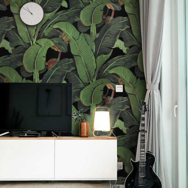 Create an Exotic Oasis with Our Black Background Banana Leaf Wallpaper | Stylish and Striking Design for a Bold Décor