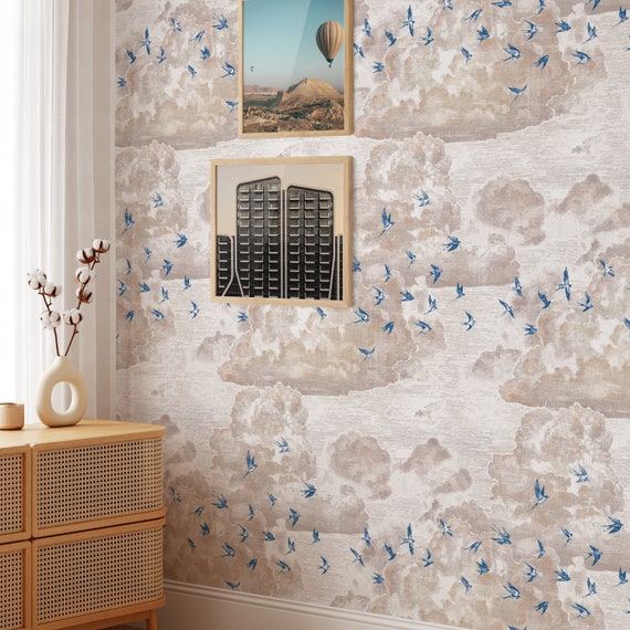 Flight at Sunset: Handmade Engraved Wallpaper with Blue Swallows and Pastel Sky, Blue Flying Swallows Wallpaper