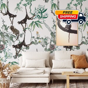 Extra Large Monkeys on Trees Wallpaper, Green and White Tropical Jungle Wall Decor with Monkey and Parrots