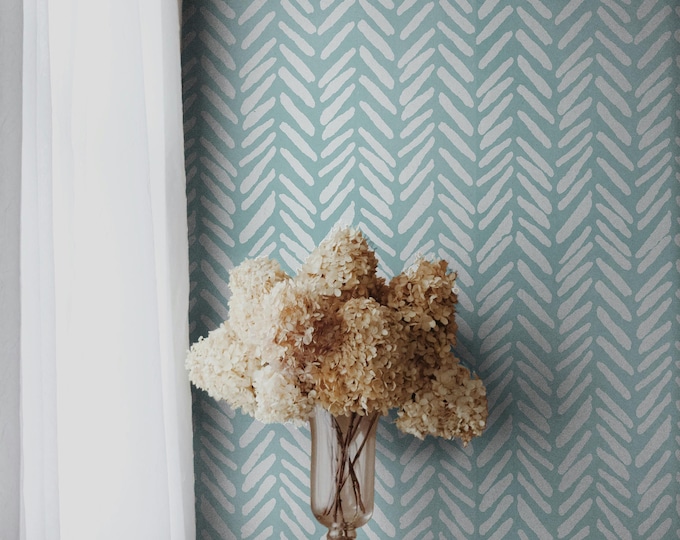 Light Blue Herringbone Pastel Wallpaper, Minimalist Chevron Wall Decor, Soft Blue Simple Modern Wallpapering