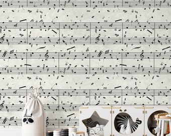 Nursery Decor Sheet Music Wallpaper, Black And White Music Notes Wall Art for Accent Wall