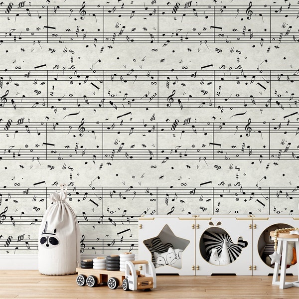 Papel pintado de partituras de decoración infantil, arte de pared de notas musicales en blanco y negro para pared decorativa