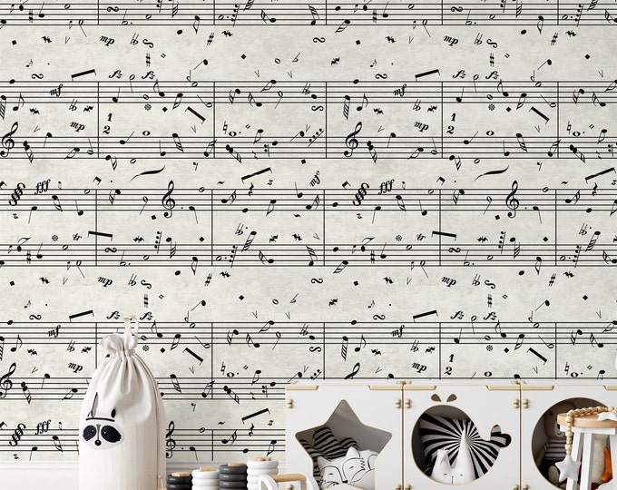 Nursery Decor Sheet Music Wallpaper, Black And White Music Notes Wall Art for Accent Wall