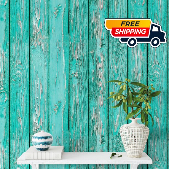 Wooden Plank Shiplap Wallpaper for Rustic Decor, Wood Effect temporary wall art, Blue Vintage Distressed Aged Wood Board