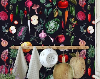 Carta da Parati Cucina con Illustrazioni Botaniche su sfondo Blu Scuro