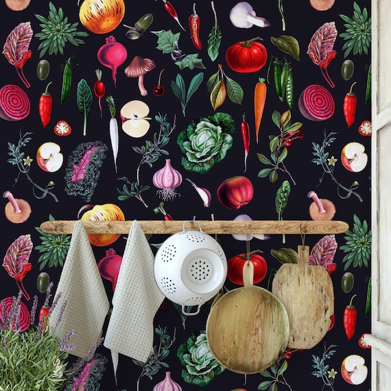 Vintage Vegetables Kitchen Wallpaper, Retro Kitchen Veggie Wall decor, Farmhouse Wall Art