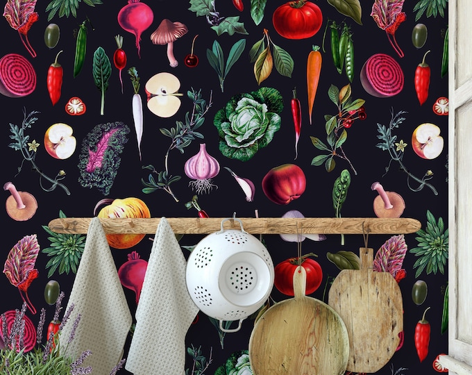 Vintage Vegetables Kitchen Wallpaper, Retro Farmhouse Veggie Wall Decor, Country Botanical Print
