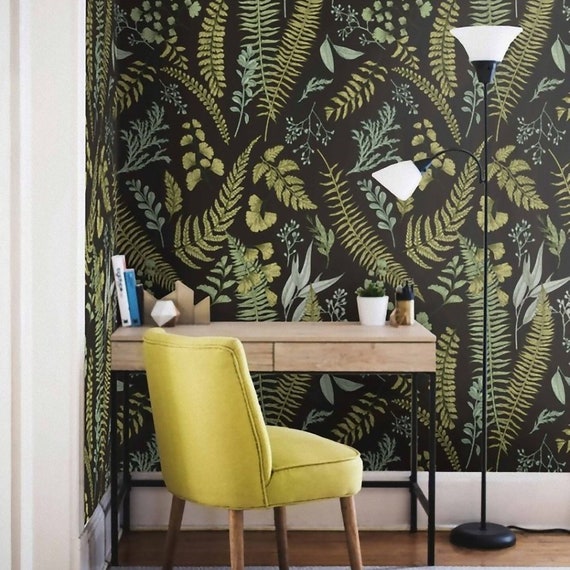 Greenery Fern Botanical Wallpaper - Leaf Illustration Nature Wall Decor, Vintage DIY Office Wall Art
