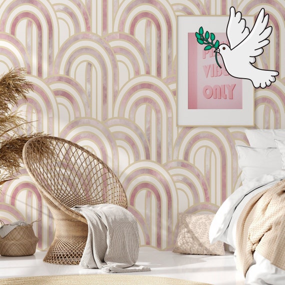 Pink and White Art Deco Gold Lines Wallpaper, Great Gatsby Geometric Pattern Mid Century Abstract Modern Wall Decor