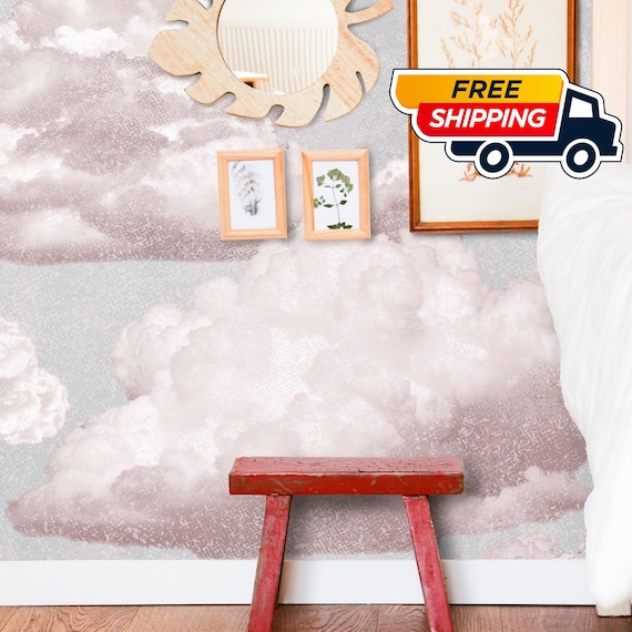 Pink Clouds Wallpaper in Vintage Style, Pink an Grey Nursery Aesthetic Wall Decor