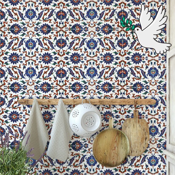 Kitchen Wallpaper with Mosaic Stone Tiles, Temporary Talavera Tile Wall Decor with Blue and Red Texture