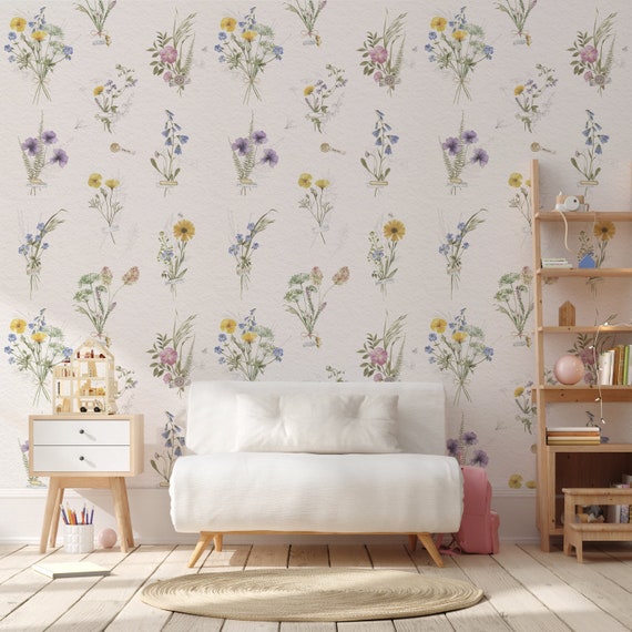 Wild flowers Wallpaper for Kids room, Hand Painted Spring Field Flower Watercolor floral Delicate Boho Nursery