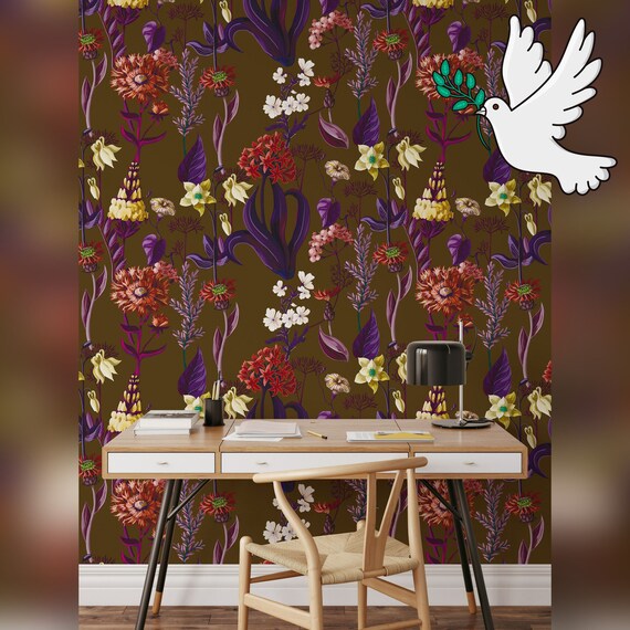 Retro 70s Floral Wallpaper, Aesthetic Brown Flowers Wall Decor, Seventies Wall Art