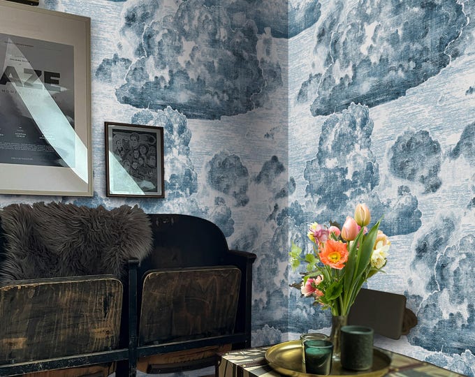 Vintage Style Cloud Wallpaper, Light Blue Sky Wall art, Boutique Wall Decor