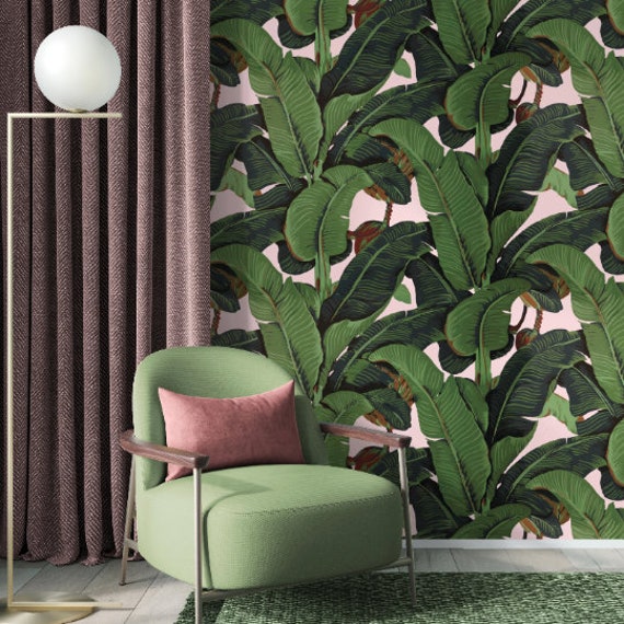 Tropical Bliss: Stunning Banana Leaf Wallpaper on Romantic Pink Background