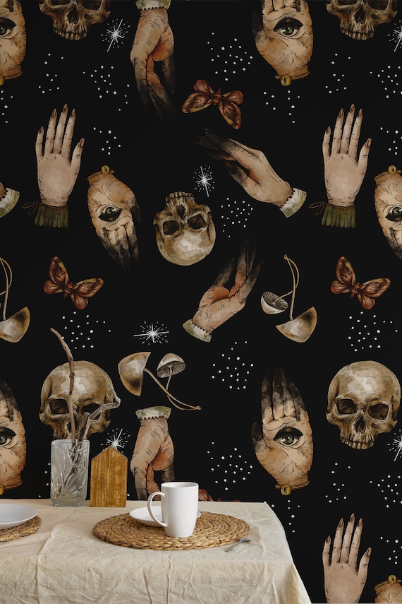 Gothic Wallpaper with Skull and Hands, Dark Victorian Macabre Art