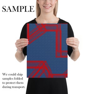 May include: A digital art print featuring a geometric design with red lines on a blue background. The design is abstract and modern.