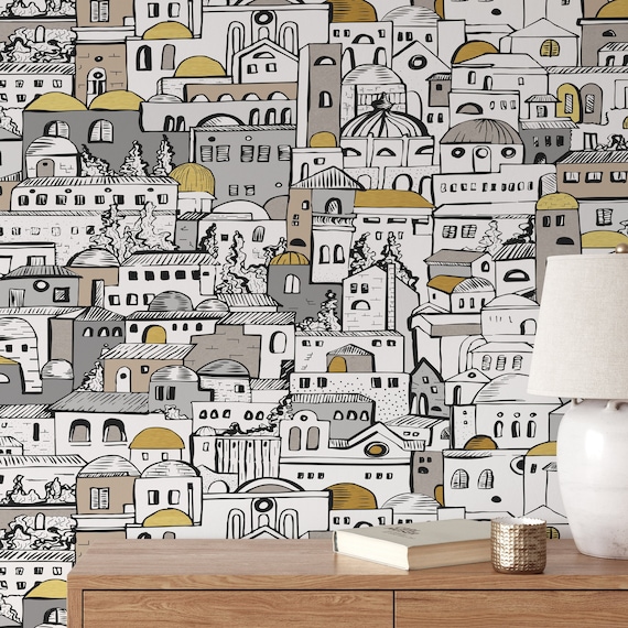 DIY Mediterranean Cityscape Wallpaper, Black and White Living Room Decor, Vintage Print for Hallway Wall
