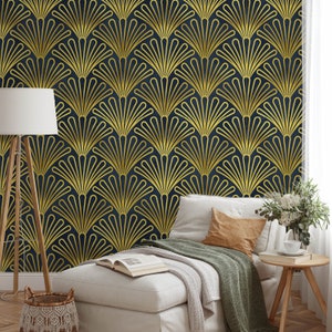 Carta da Parati Art Deco Lusso con Ventagli in Blu Notte e Oro