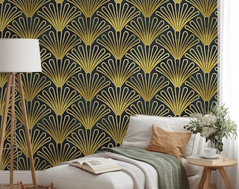 Art Deco Wallpaper Luxury Fan Design in Midnight Blue & Gold, Elegant Vintage Wall Decor for Living Room or Bedroom