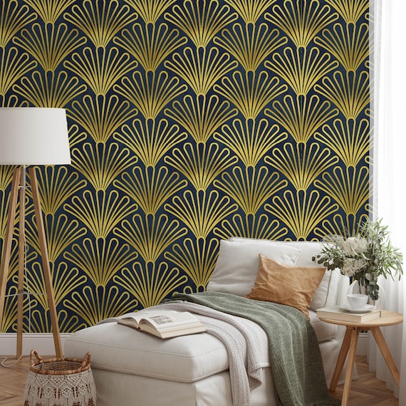Art Deco Wallpaper Luxury Fan Design in Midnight Blue & Gold, Elegant Vintage Wall Decor for Living Room or Bedroom