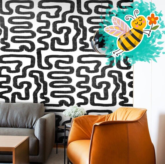 Abstract Painting Modern Wallpaper, Black and White Labyrinth Pattern for Modern Home Decor